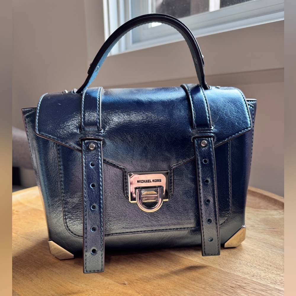 Michael Kors Manhattan Bag Teal Blue Metallic with Silver Hardware